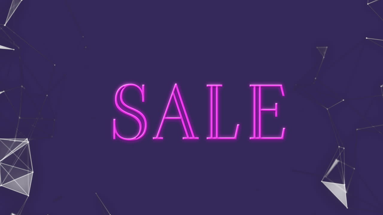 Animazione di banner testuale "saldi" rosa neon e reti a plesso su sfondo nero