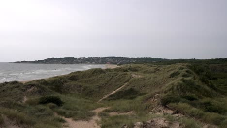 a simple establishing shot of a swedish beach on an overcast day, with gentle waves in the background and grassy, rolling dunes in the foreground, capturing the serene and moody coastal atmosphere.