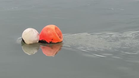 La-Tranquila-Corriente-Del-Río-Serpentea-Suavemente-Alrededor-De-La-Solitaria-Boya-Flotante,-Que-Está-Firmemente-Anclada-En-Su-Lugar,-Marcando-Su-Presencia-En-Medio-De-La-Corriente-Que-Fluye.