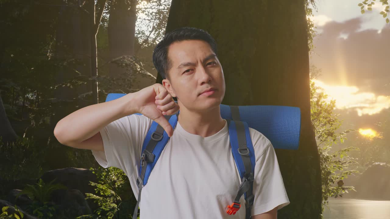 산악 배을 들고 있는 아시아 남성 산책객의 근접 사진. 숲의 자연을 탐험하는 동안 엄지손가락을 내려놓은 몸짓을 보여준다.