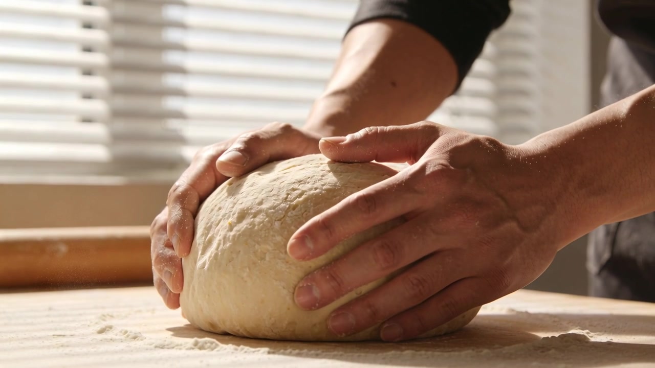 Pressing dough, baker in long-sleeves forming boule at counter by window, flour for proofing
