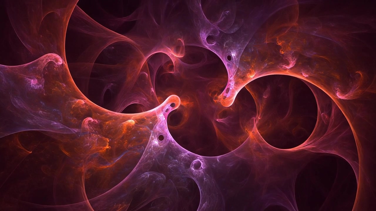 Animação Fractal Abstrata com Redemoinhos Brilhantes Roxos e Laranjas