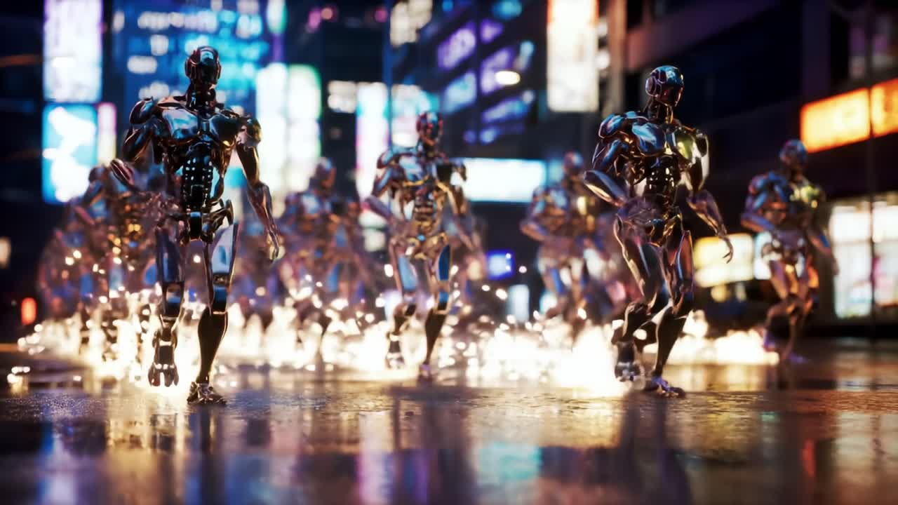 A futuristic scene unfolds as a group of sleek, metallic robots sprint through a vibrant, neon-lit city, creating sparks and flames with each powerful step