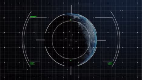animation of scope scanning over spinning globe and data processing against black background