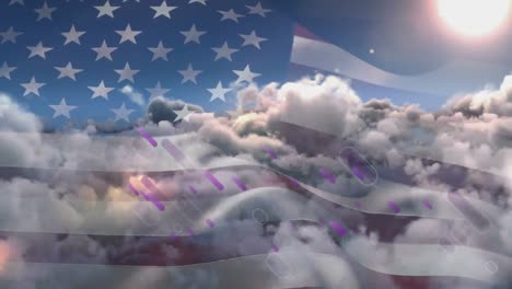 animation of purple shapes moving over american flag and cloudy sky