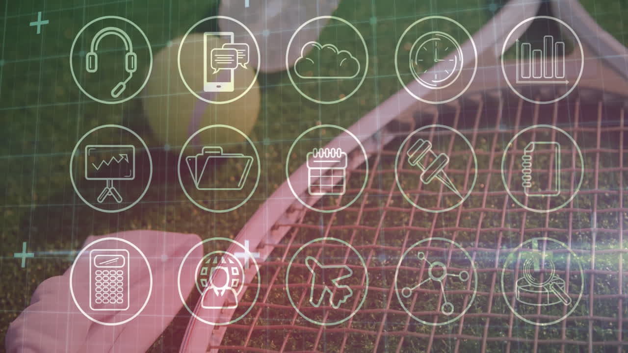 Tennis racket lying on green grass near ball featuring flat design tech icon grid