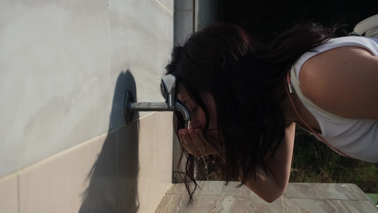una mujer joven bebe agua dulce del grifo.