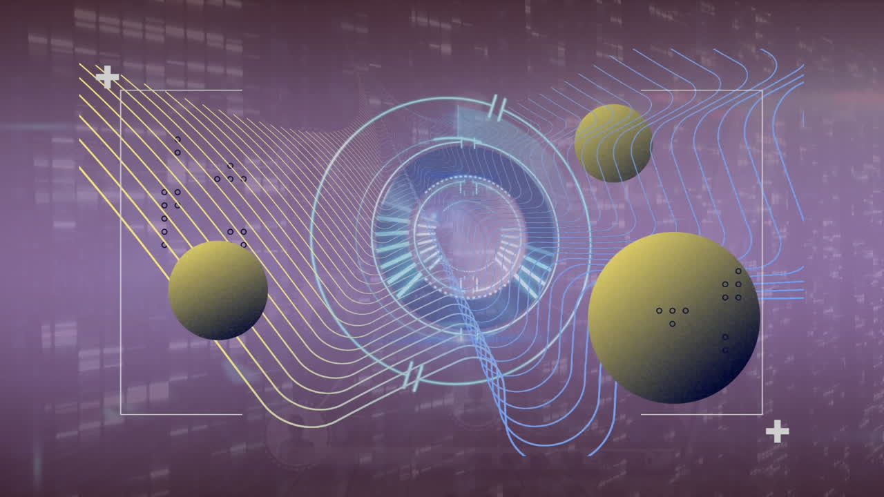 Animation of arc reactor, globes and abstract pattern in viewfinder over falling bar graphs