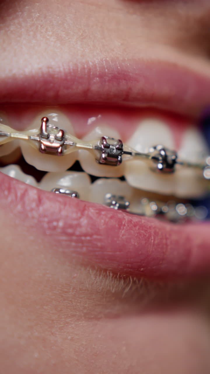 Vertical video woman brushing dental braces with toothbrush oral hygiene and health care girl