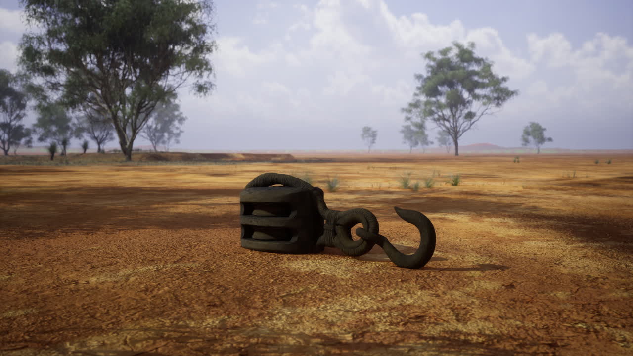 Old rusty hook lying on dry land beneath a blue sky in an arid landscape