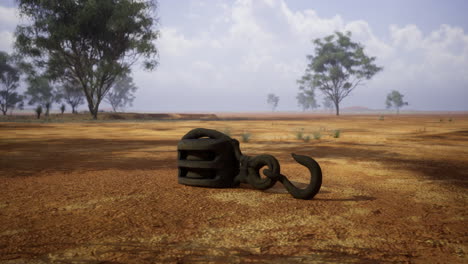 old rusty hook lying on dry land beneath a blue sky in an arid landscape
