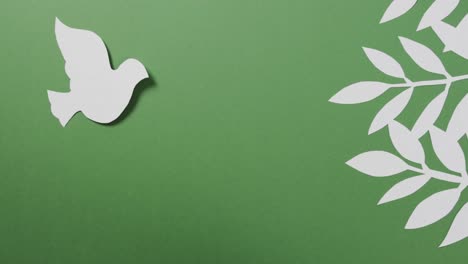 close up of white dove with leaves and copy space on green background