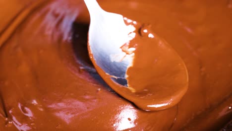 cuchara agitando el chocolate derretido en un tazón