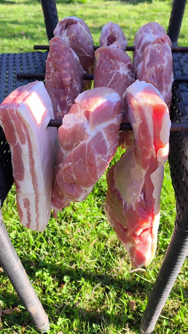 Carne preparada para defumar pendurada em varas de madeira ao ar livre durante a preparação caseira em plano vertical