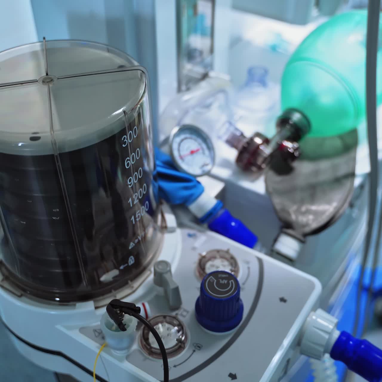Medical equipment in the intensive care unit. Anaesthesia machine ventilator in the operating room. Artificial lung ventilation working in hospital. Top view.