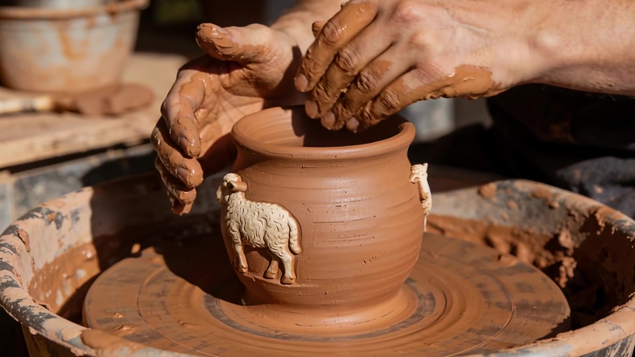 Mani di vasaio coperte di argilla che entrano nell'inquadratura, modellando un vaso sul tornio, alzando il bordo e levigando i rilievi di pecore.