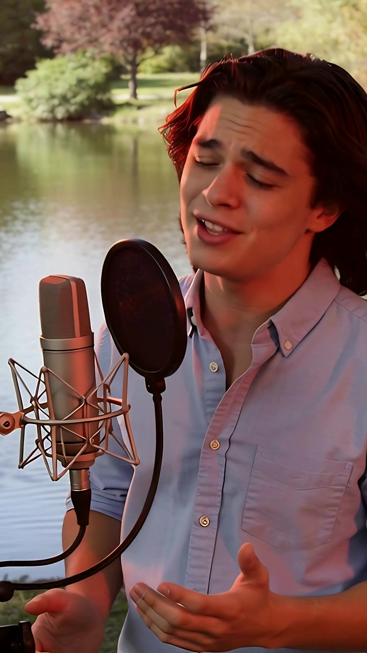 Video verticale: Registrazione, cantante uomo con camicia blu che canta in un microfono accanto a uno stagno con filtro anti-pop.