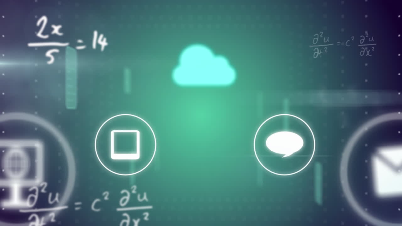 animación de la nube digital, iconos de burbujas de voz y procesamiento matemático de datos