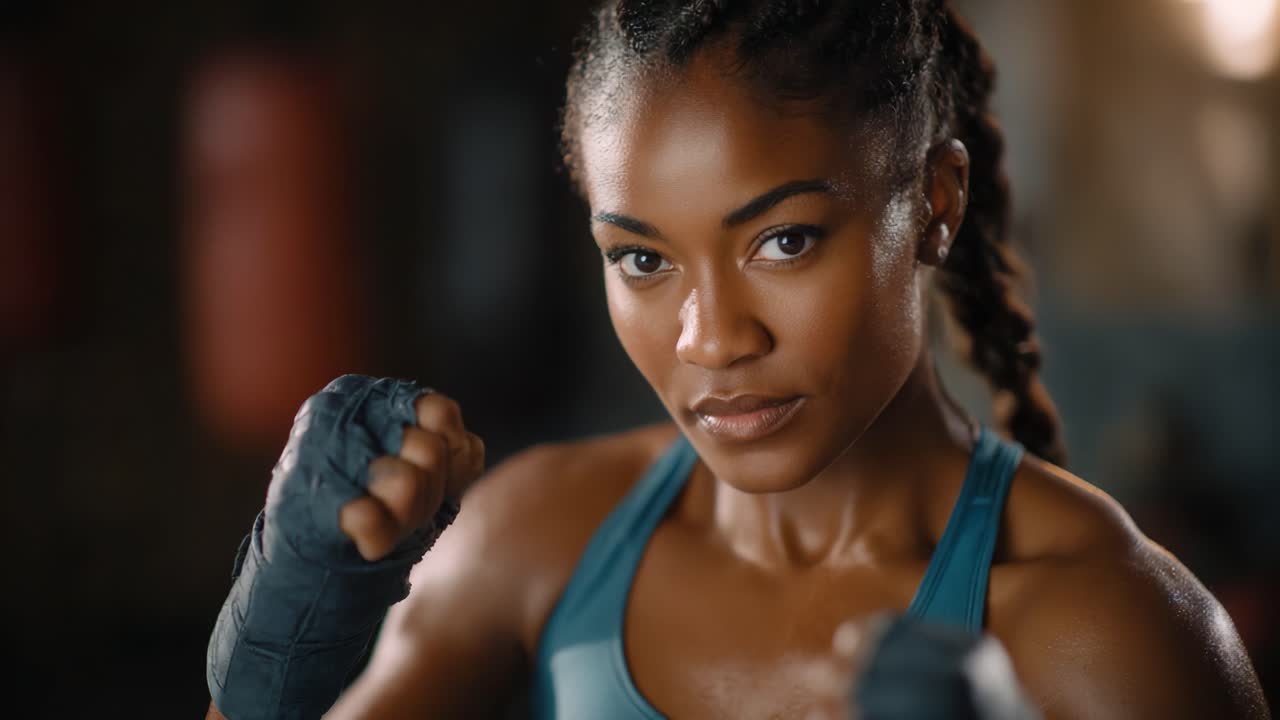 Focused Combat Ready Female Athlete Preparing for Training or Competition with Determined Expression and Training Gear in a Gym Setting