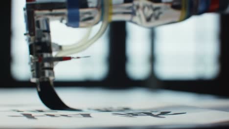 a robotic ink pen skillfully creating intricate characters on a sheet, capturing the precision and artistry of automated calligraphy techniques in progress