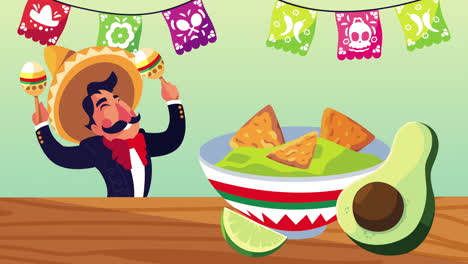 mexican mariachi playing maracas with nachos in guacamole