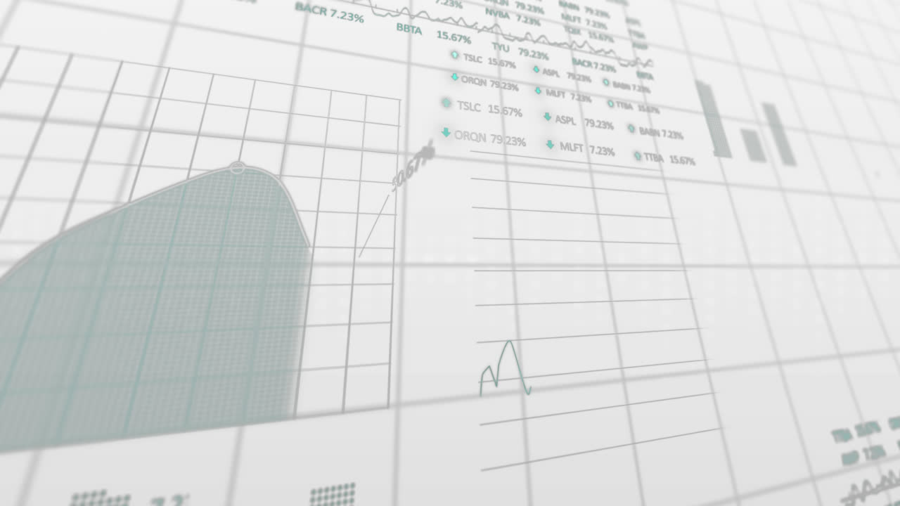 Animation of graphs with changing numbers, loading circles and trading board over white background