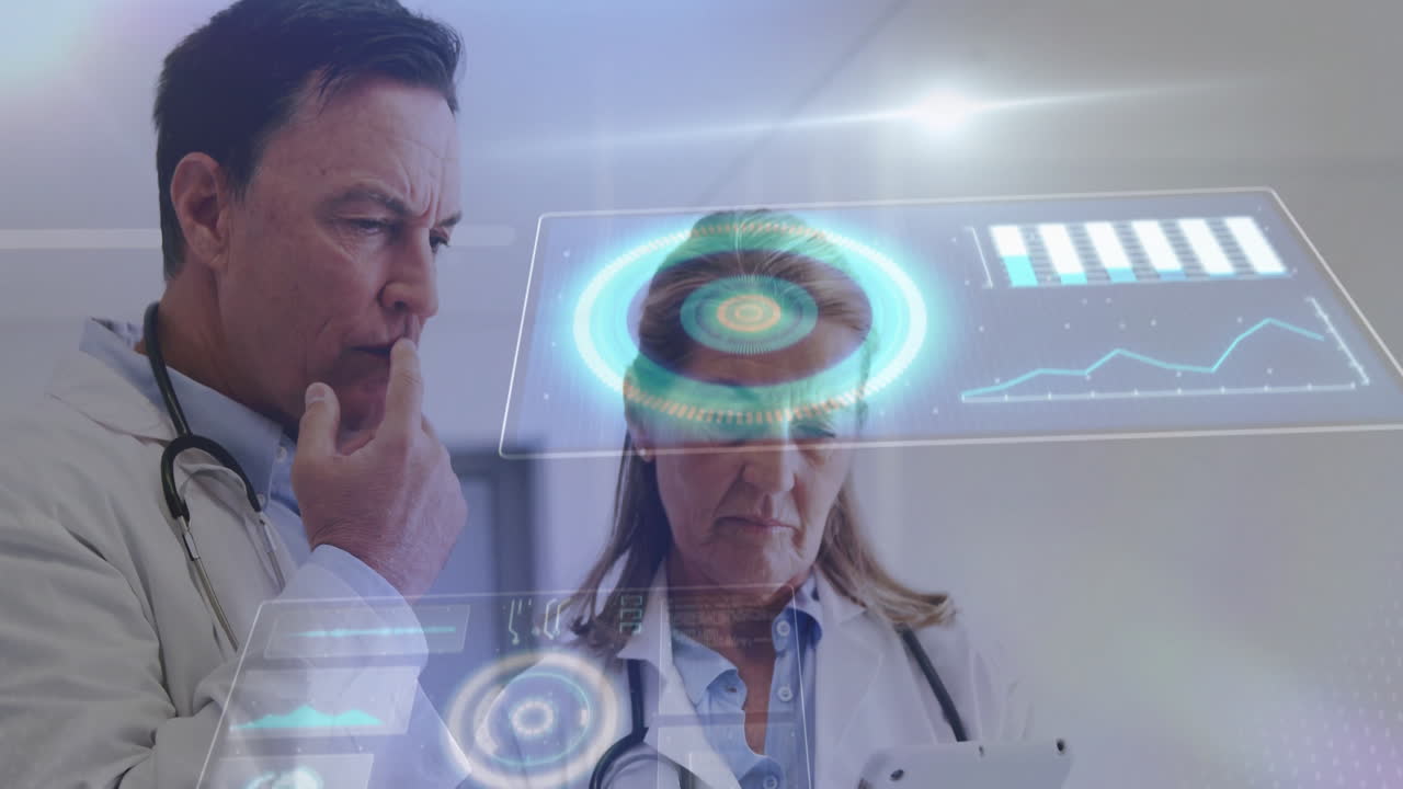 Doctors analyzing animation of futuristic medical data in clinical setting