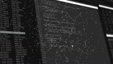 Animation of network of connections over data processing against black background