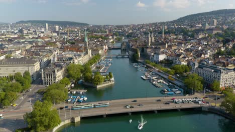 aerial flight above the limmat river in downtown zurich