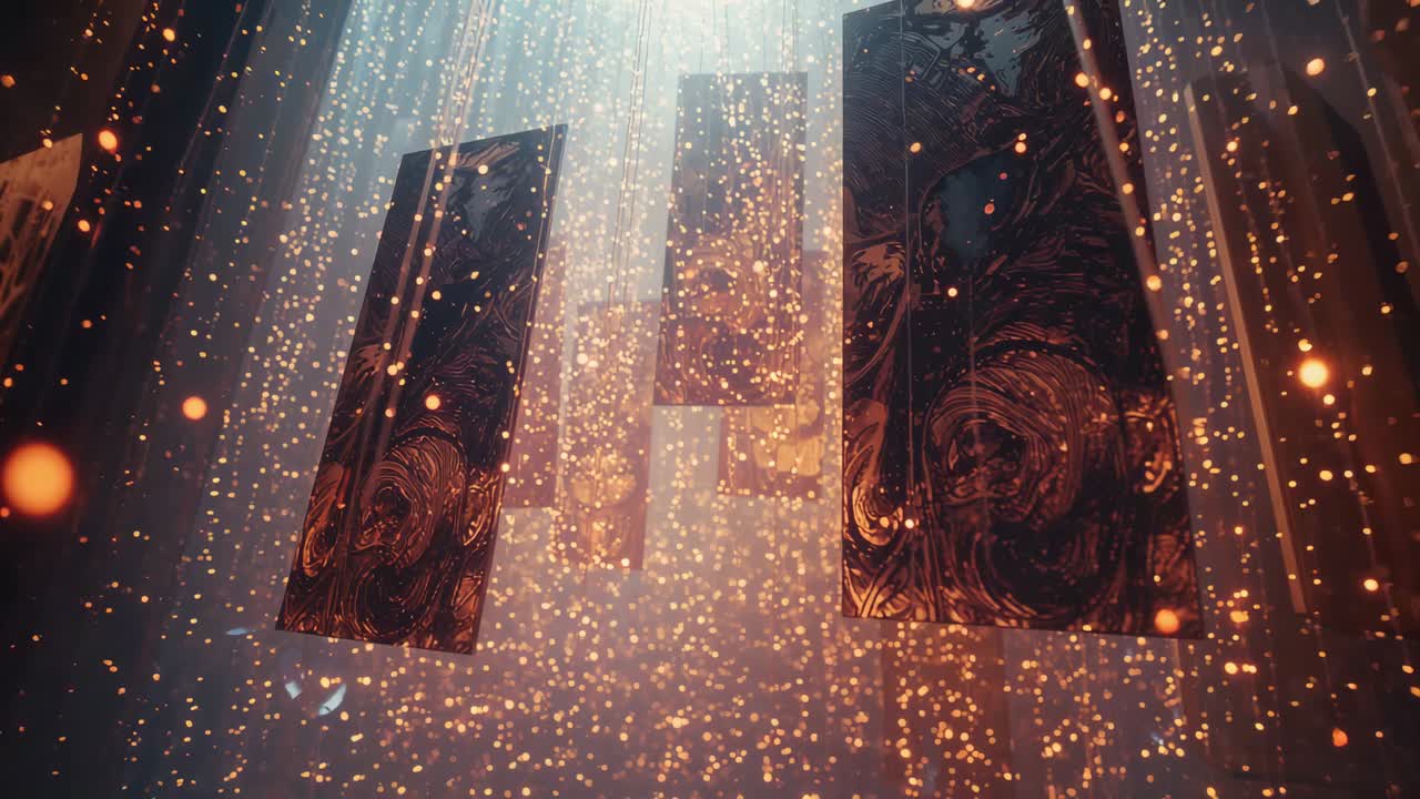 Intensifying overhead light revealing gilded panels in gallery shaft, particles drifting downward