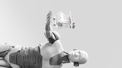 cyborg robot humanoide sosteniendo en la palma de la mano un nuevo motor motor prototipo descubrimiento nueva invención revolucionaria tecnología no contaminada 3d renderización de animación vertical