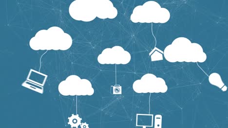 animación de nubes con dispositivos tecnológicos a través de una red de conexiones sobre fondo azul