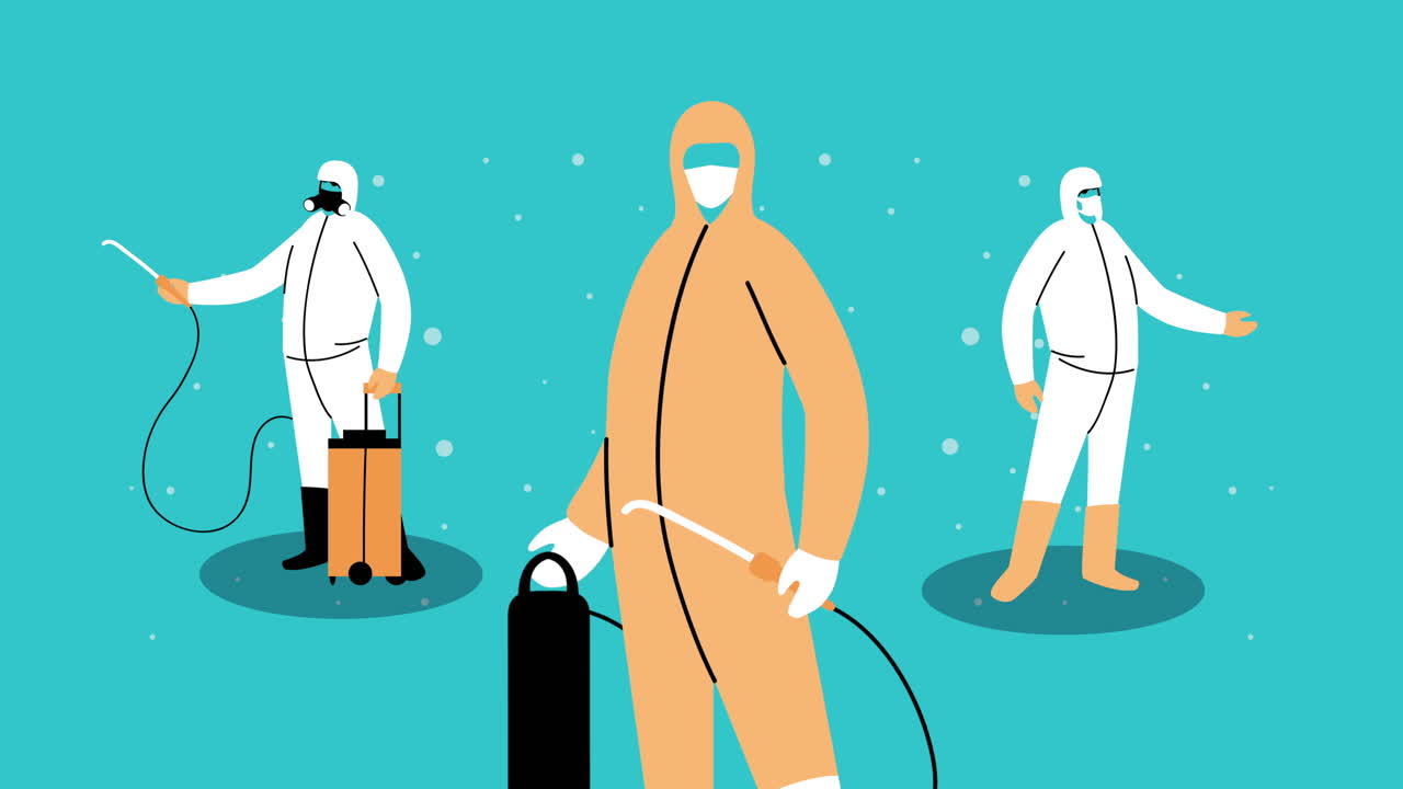 trabajadores con trajes de bioseguridad y servicio de pulverizadores de desinfectantes