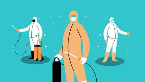 trabajadores con trajes de bioseguridad y servicio de pulverizadores de desinfectantes