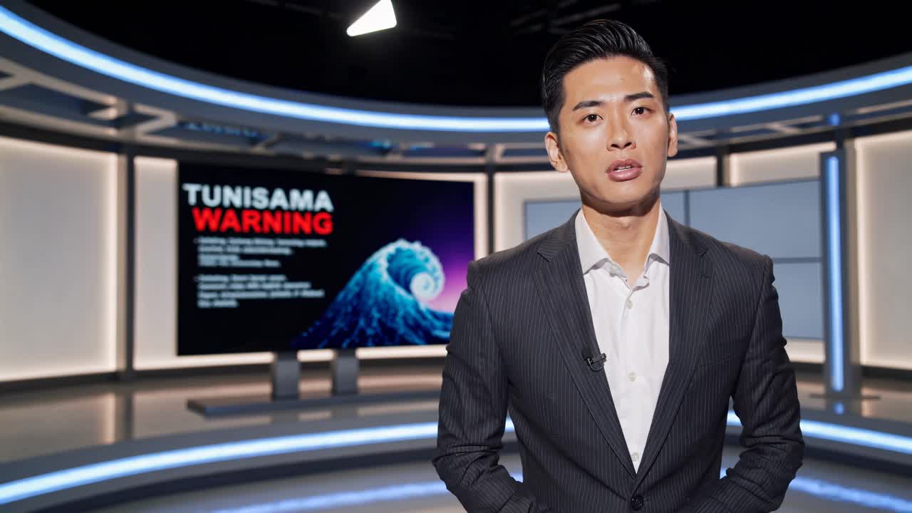 News presenter in a modern studio, captured from a mid-shot angle, delivering a video broadcast