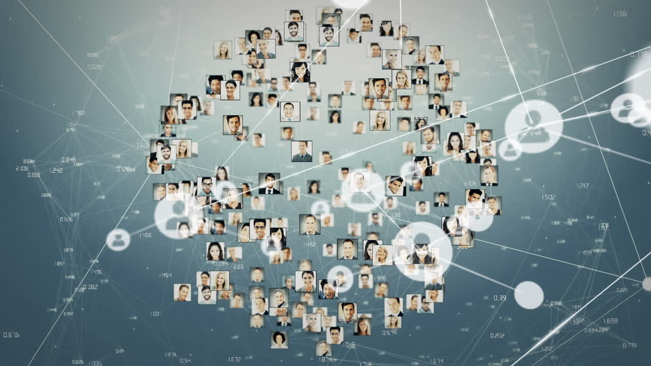 회색 배경 위에 아이콘과 사용자 사진으로 연결 네트워크의 애니메이션