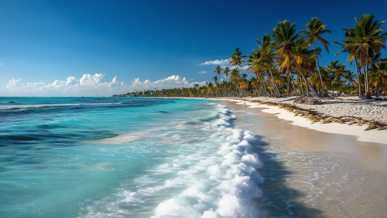 A Serene Tropical Paradise Featuring Crystal-Clear Waters and Lush Palm Trees Along a Sandy Shoreline Under a Bright Blue Sky