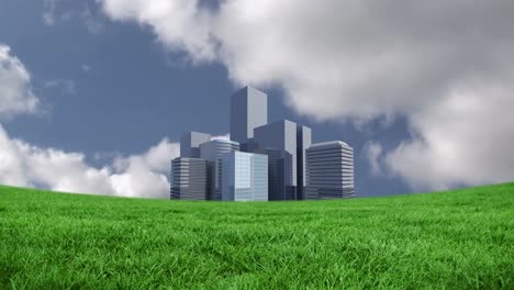 animation of cityscape over sky with clouds