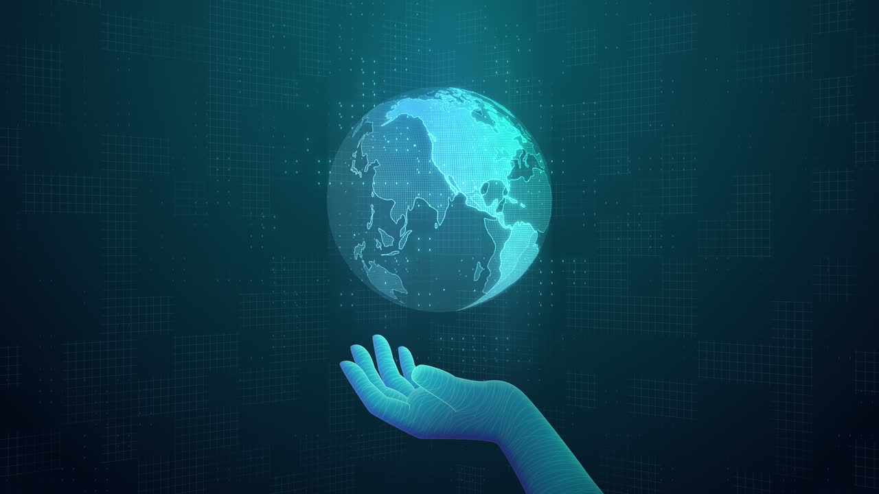 tecnología animación de mundo giratorio en la mano. ciencia global concepto de inteligencia artificial. ciberespacio digital. realidad virtual, globalización diseño futurista de alta tecnología. bucle giratorio del globo terrestre