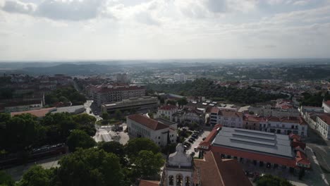 Drone-view-revealing-the-Cathedral-of-Our-Lady-of-the-Conception-in-Santarem,-Portugal