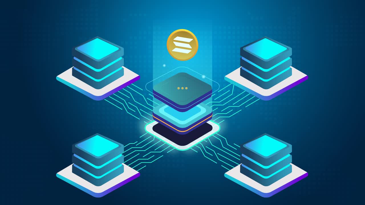 Abstract Blockchain animation of Solana digital virtual currency Mining Rig Process in digital cyberspace with Servers