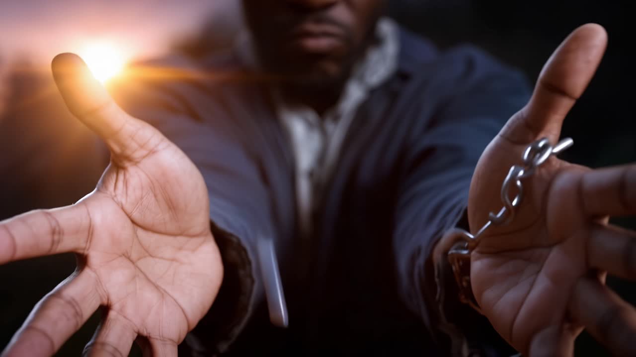Man's fists are chained, clenched tight. His face shows resolve, not anger, under golden light. Dusk blurs behind him, sun low on the horizon. He symbolizes resistance against oppression