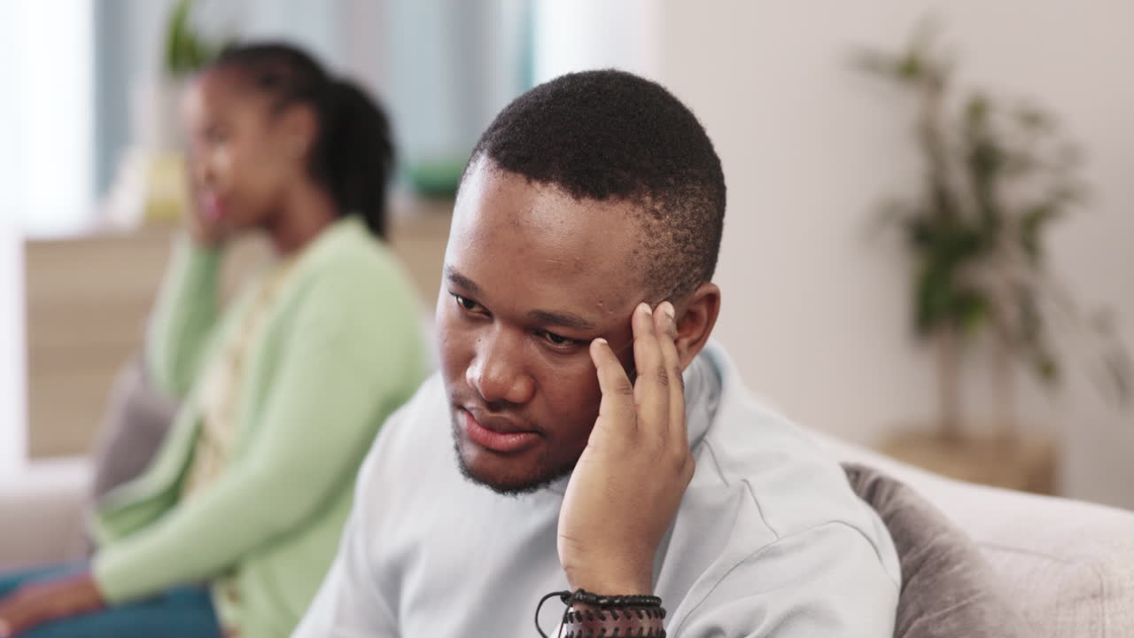 Stress, divorce and black couple on couch