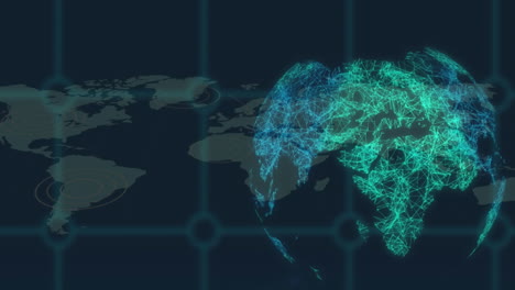 animation of grid network over spinning globe and world map against blue background