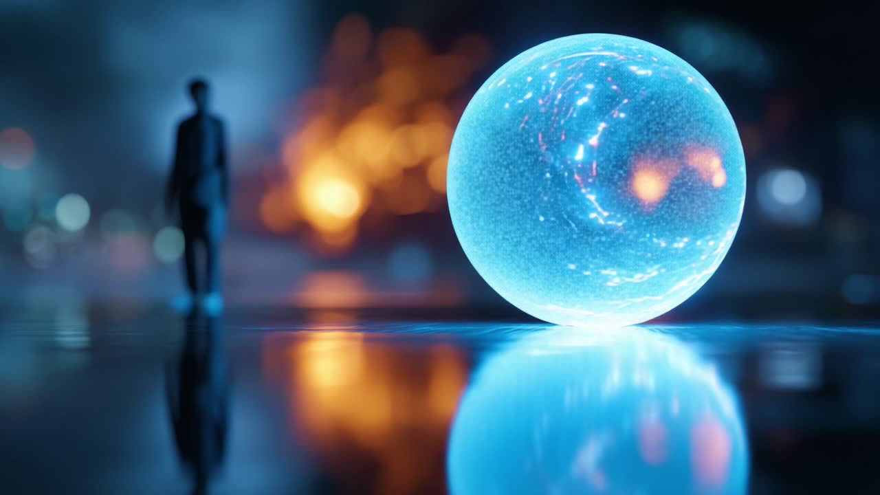 Una misteriosa sfera luminosa riflette l'ambiente circostante mentre una figura oscura si staglia sullo sfondo, avvolta in un'atmosfera di intrigo e scoperta