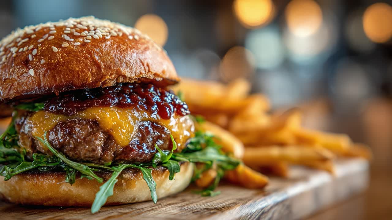Concediti un delizioso hamburger gourmet con formaggio fuso, verdure fresche e patatine fritte croccanti, presentato alla perfezione per un'esperienza culinaria irresistibile