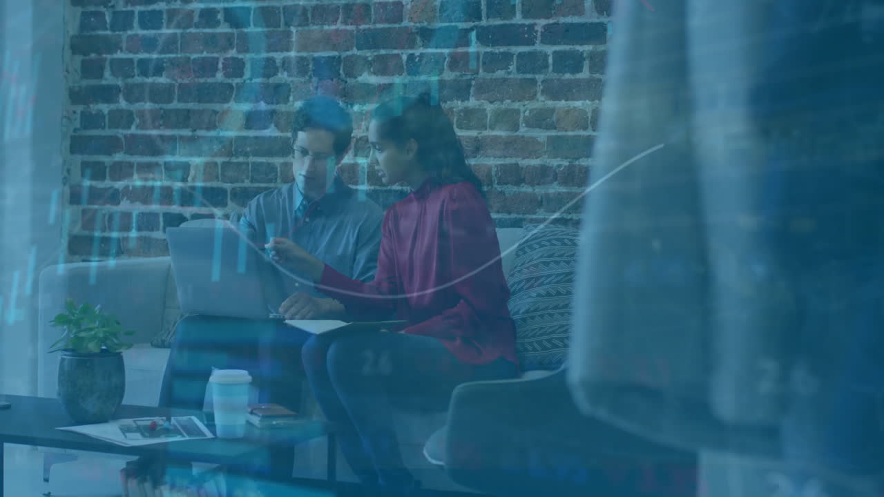 Animation of financial data processing over diverse business people in office