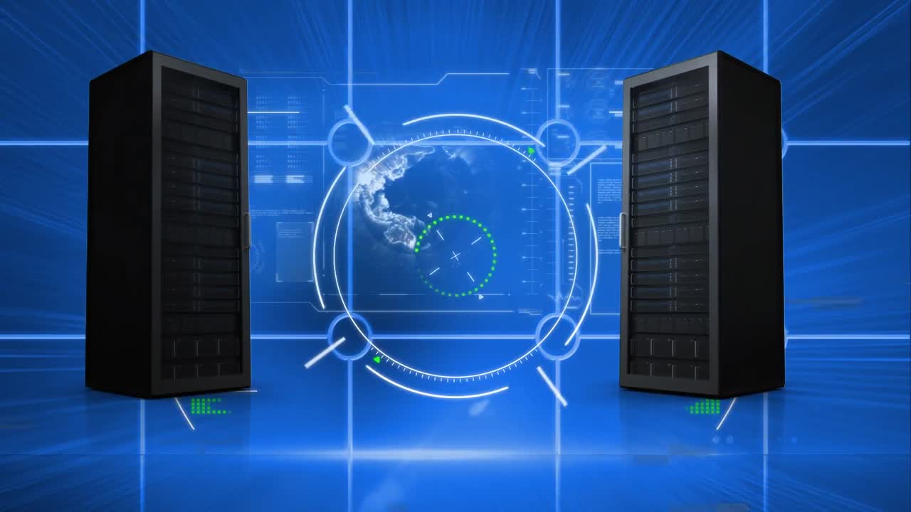 animación del globo con servidores informáticos sobre pantallas azules