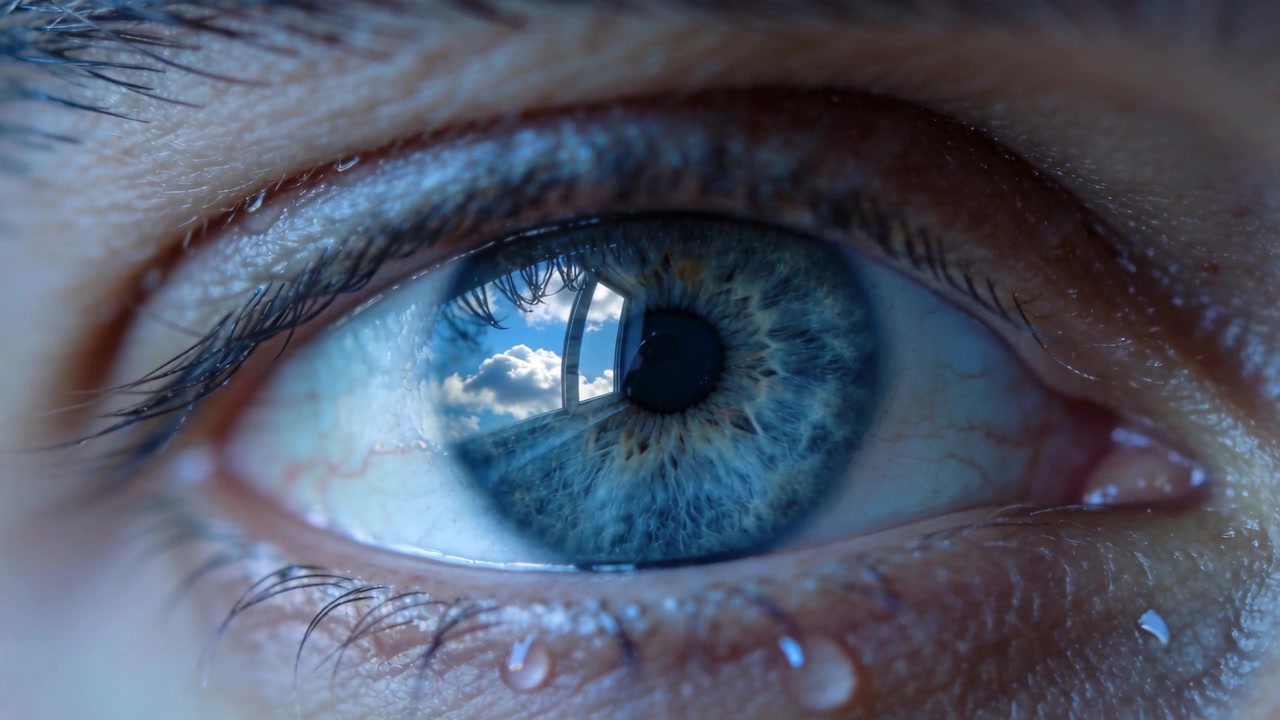 Reagendo alla luce del sole, l'occhio destro forma goccioline di lacrime, mantenendo lo sguardo vicino alla finestra, la cornea riflette il cielo.