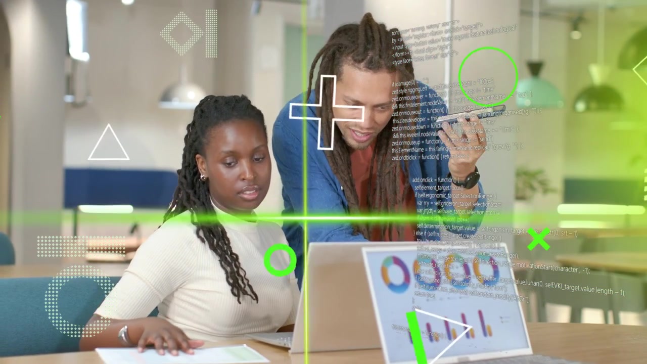 Woman following colleague pointing phone at laptop graphs while HUD guiding business paper exchange